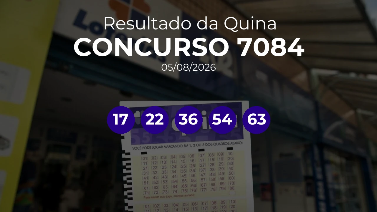 Quina 7084 acumulou! Prêmio estimado em R$ 10,5 Milhões. Números sorteados: 17, 22, 36, 54, 63