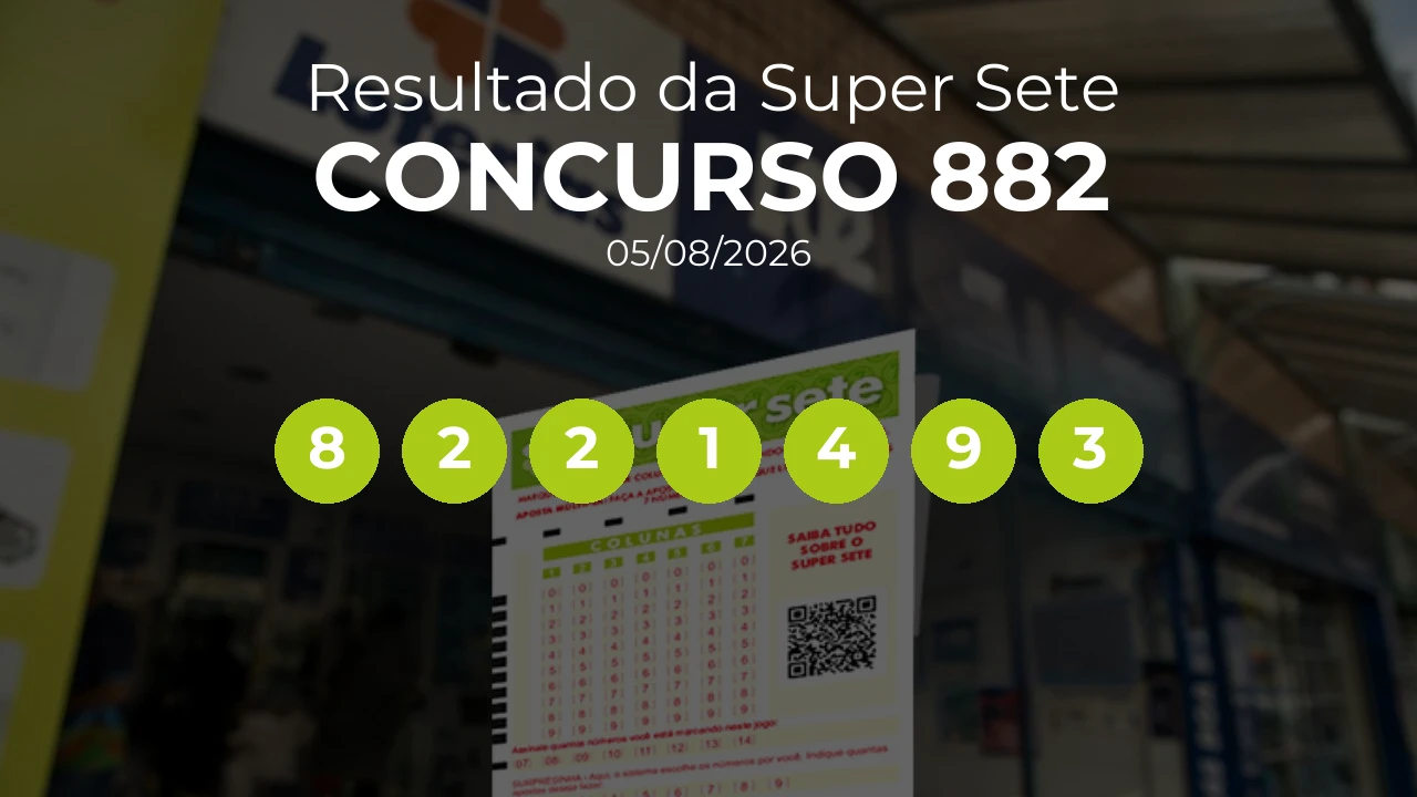 Super Sete 882 acumulou! Prêmio estimado em R$ 4,9 Milhões. Números sorteados: 8, 2, 2, 1, 4, 9, 3