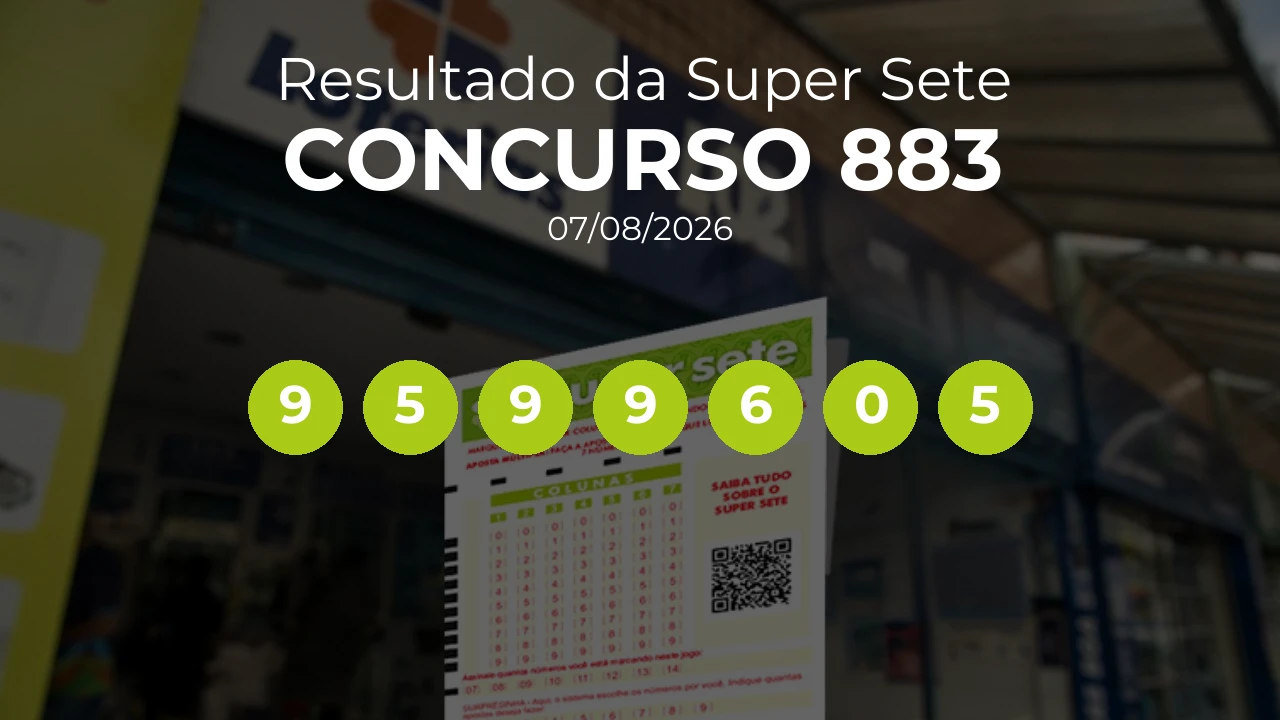 Super Sete 883 acumulou! Prêmio estimado em R$ 5,0 Milhões. Números sorteados: 9, 5, 9, 9, 6, 0, 5