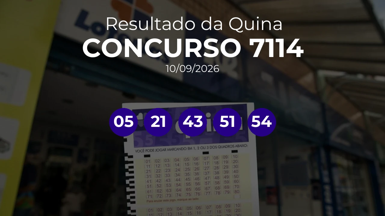 Quina 7114 acumulou! Prêmio estimado em R$ 30,0 Milhões. Números sorteados: 05, 21, 43, 51, 54