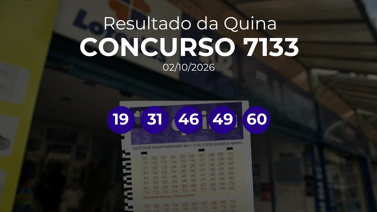 Quina 7133 acumulou! Prêmio estimado em R$ 17,5 Milhões. Números sorteados: 19, 31, 46, 49, 60