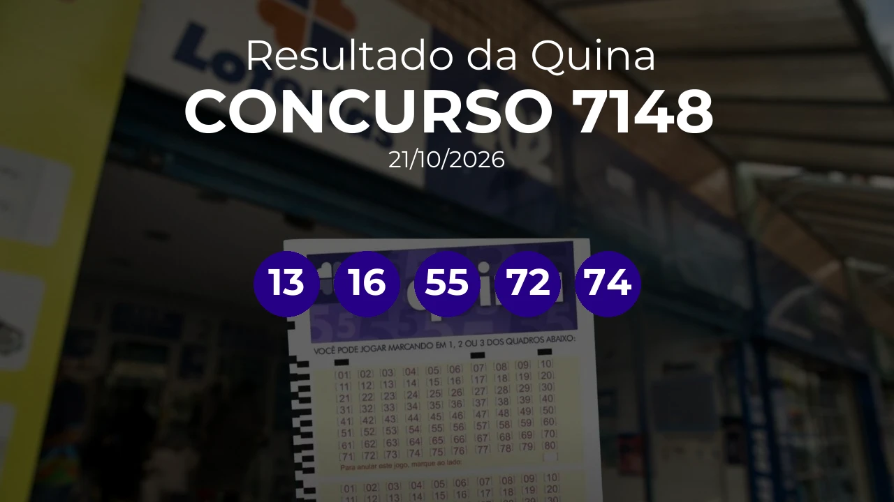 Quina 7148 acumulou! Prêmio estimado em R$ 57,0 Milhões. Números sorteados: 13, 16, 55, 72, 74